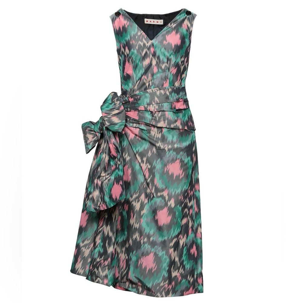 Marni Italy Silk Cocktail Dress Midi Ikat Floral Bow Belted Women’s Size 40 NWT